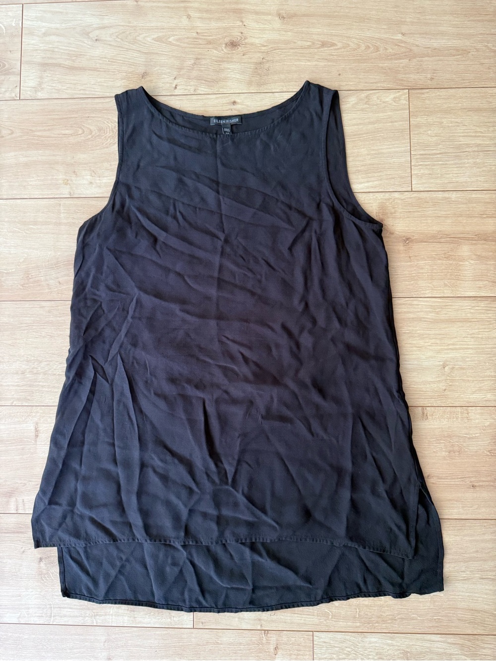 Eileen Fisher Black 100% Silk Tunic Tank S Sleeveless High Low Minimalist